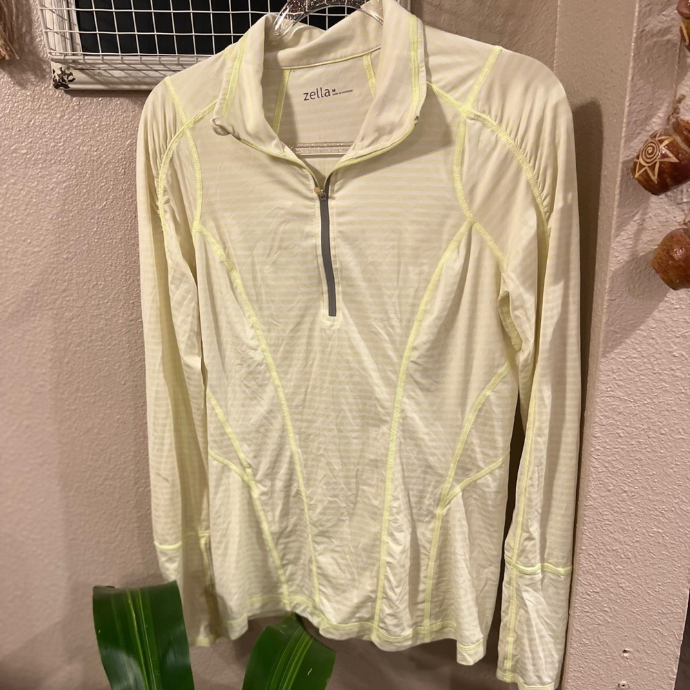 ZELLA Womens's Light Yellow/white Print 1/2-zip Long-sleeved Base Layer Top Sz M